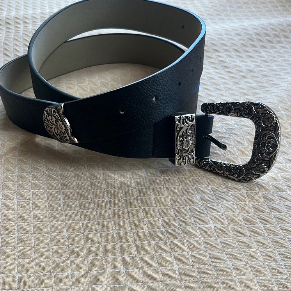 Black Leather Belt with Silver Buckle